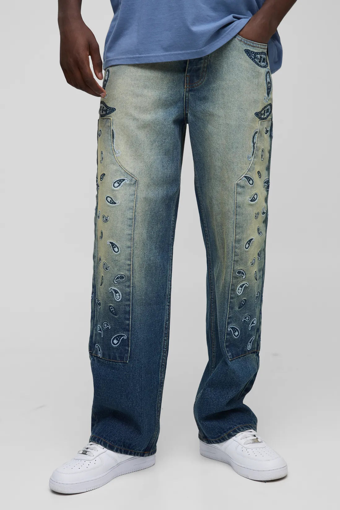Relaxed Fit Paisley Embroidered Jeans