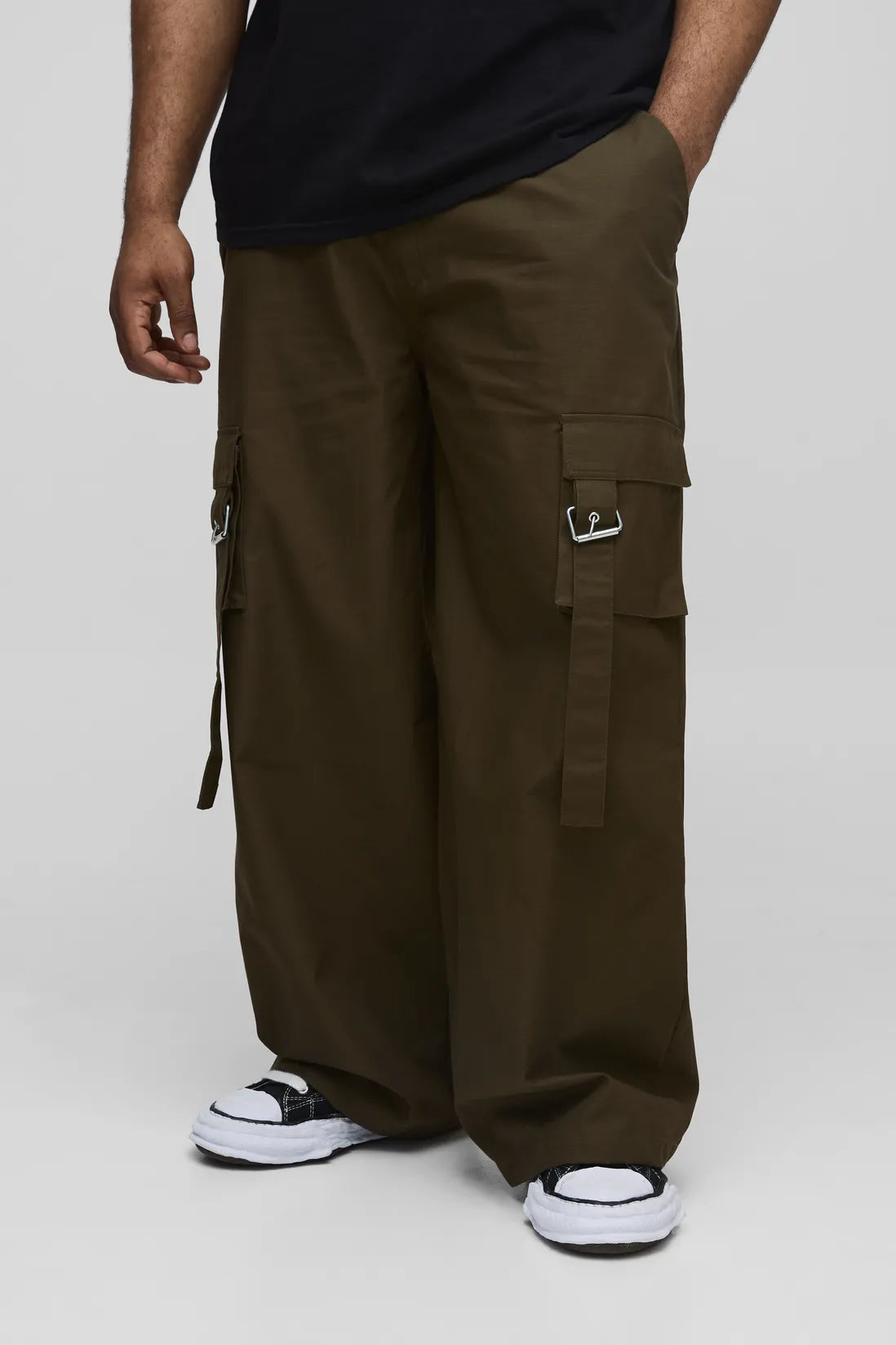 Plus Baggy Fit Ripstop Belt Buckle Detail Cargo Trousers