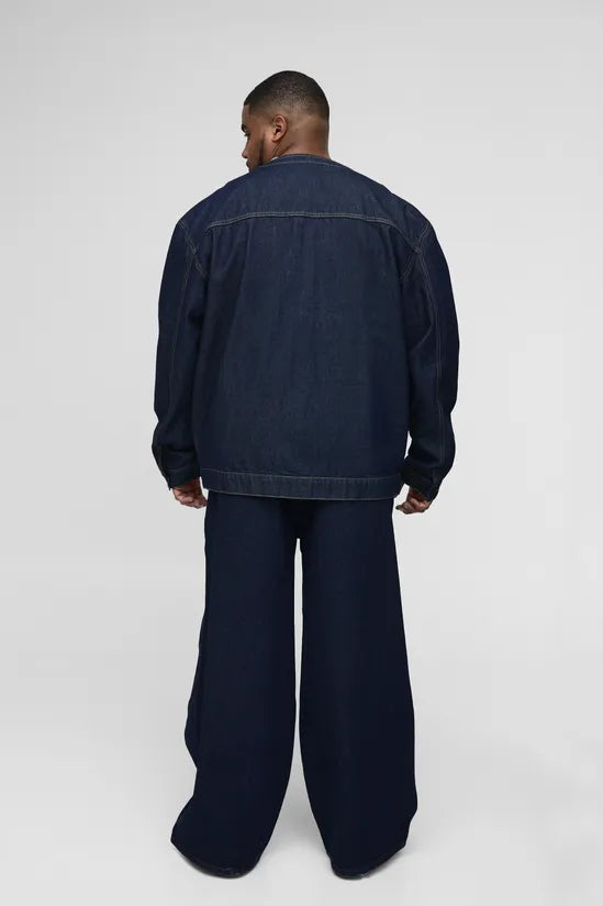 Plus Contrast Stitch Oversized Collarless Denim Jacket