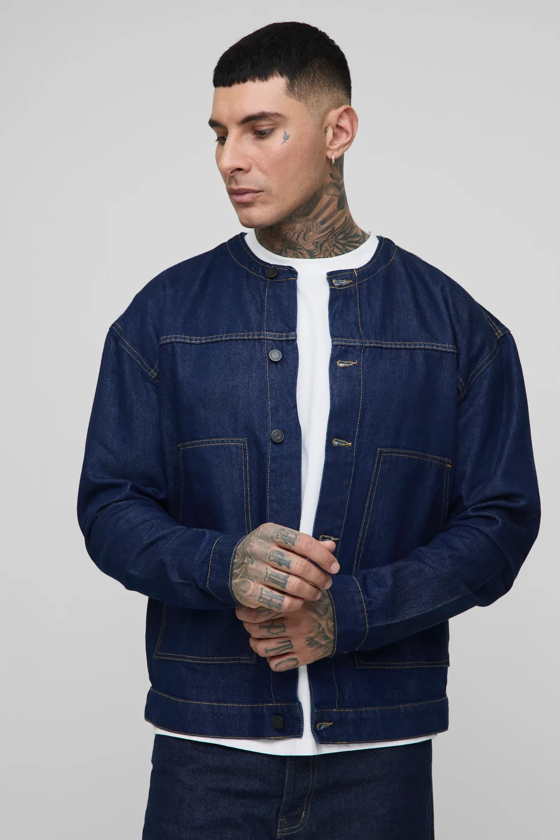Tall Contrast Stitch Oversized Collarless Denim Jacket
