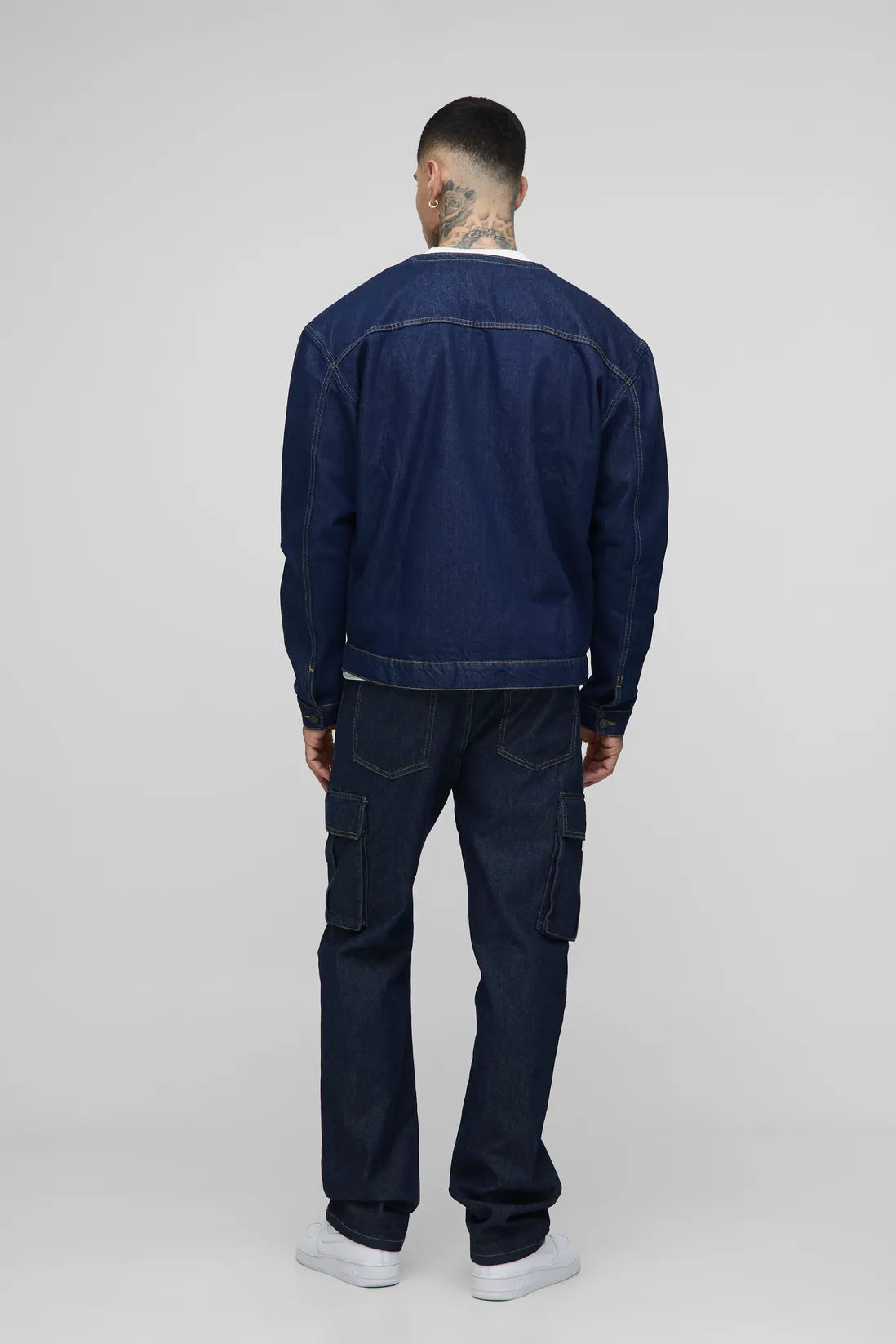 Tall Contrast Stitch Oversized Collarless Denim Jacket