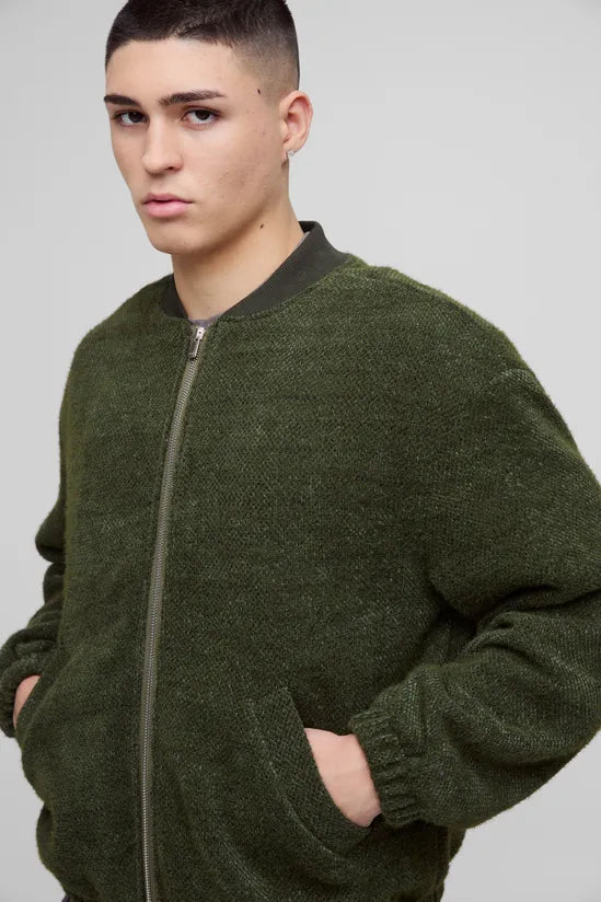 Oversized Boxy Fluffy Textured Bomber Jacket