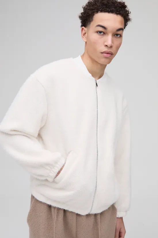 Oversized Boxy Fluffy Textured Bomber Jacket