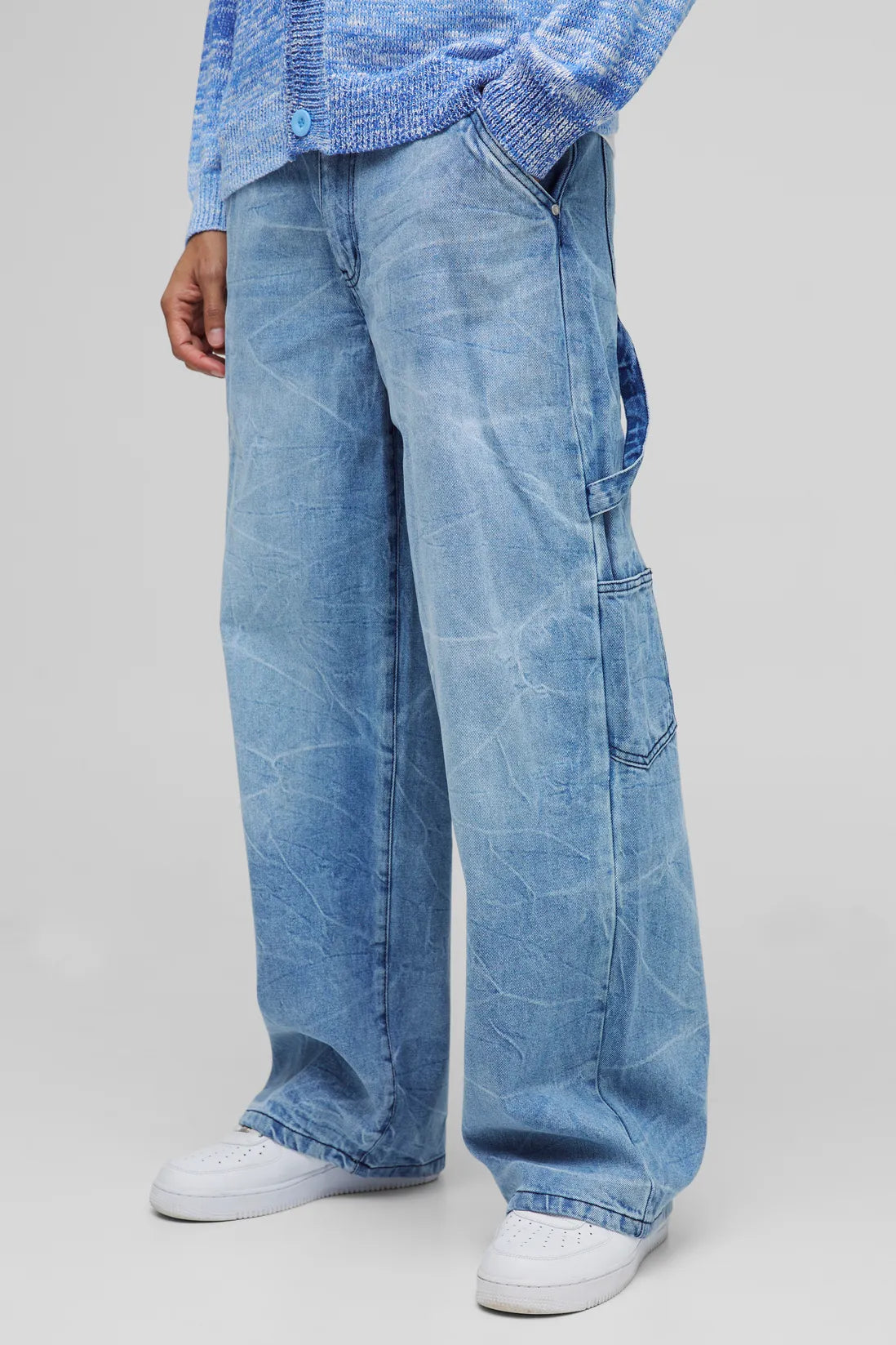 Baggy Rigid Carpenter Crinkle Denim Jeans In Antique Blue