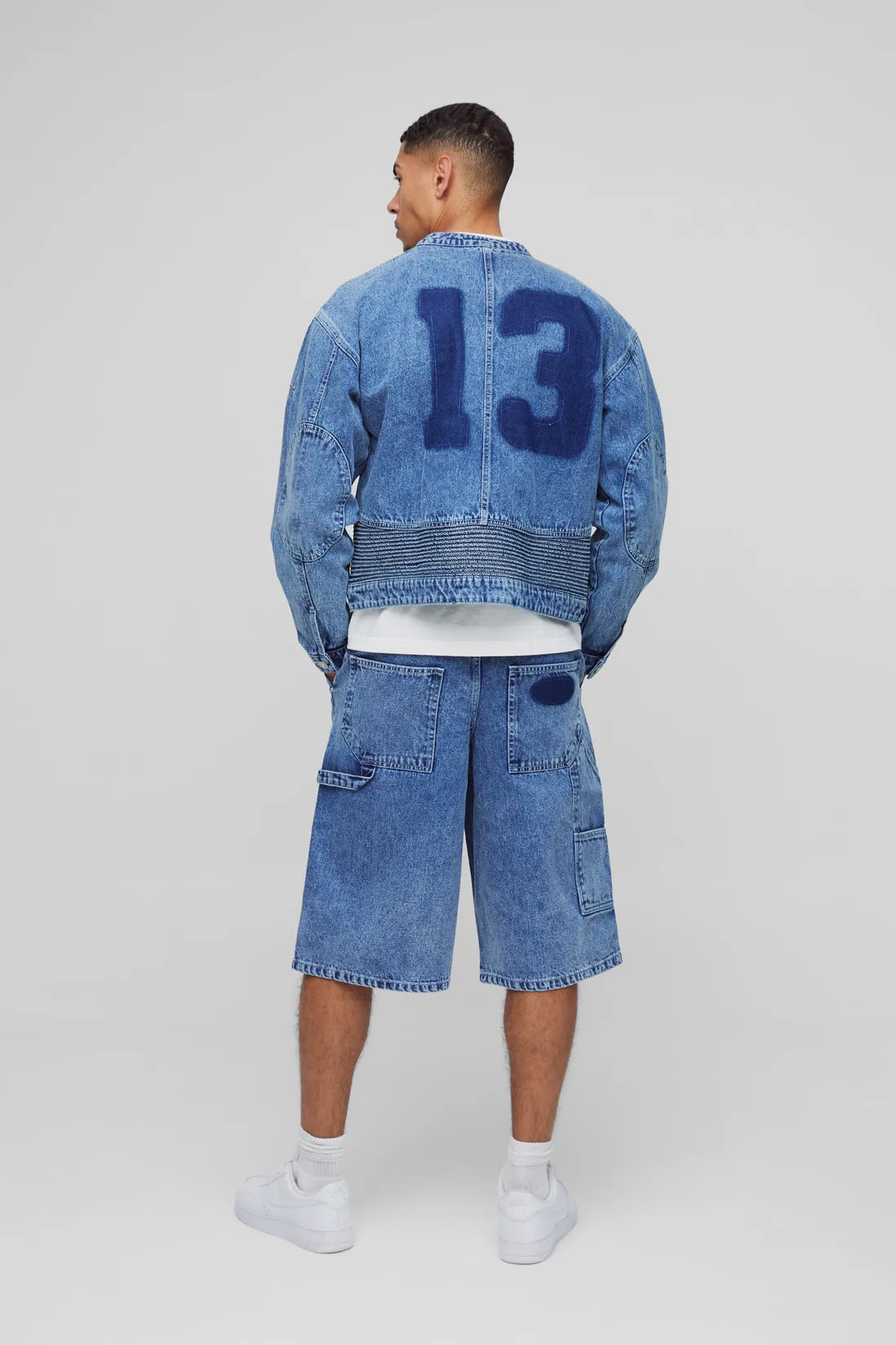 Denim Varsity Boxy Biker Eyelet Detail Jacket