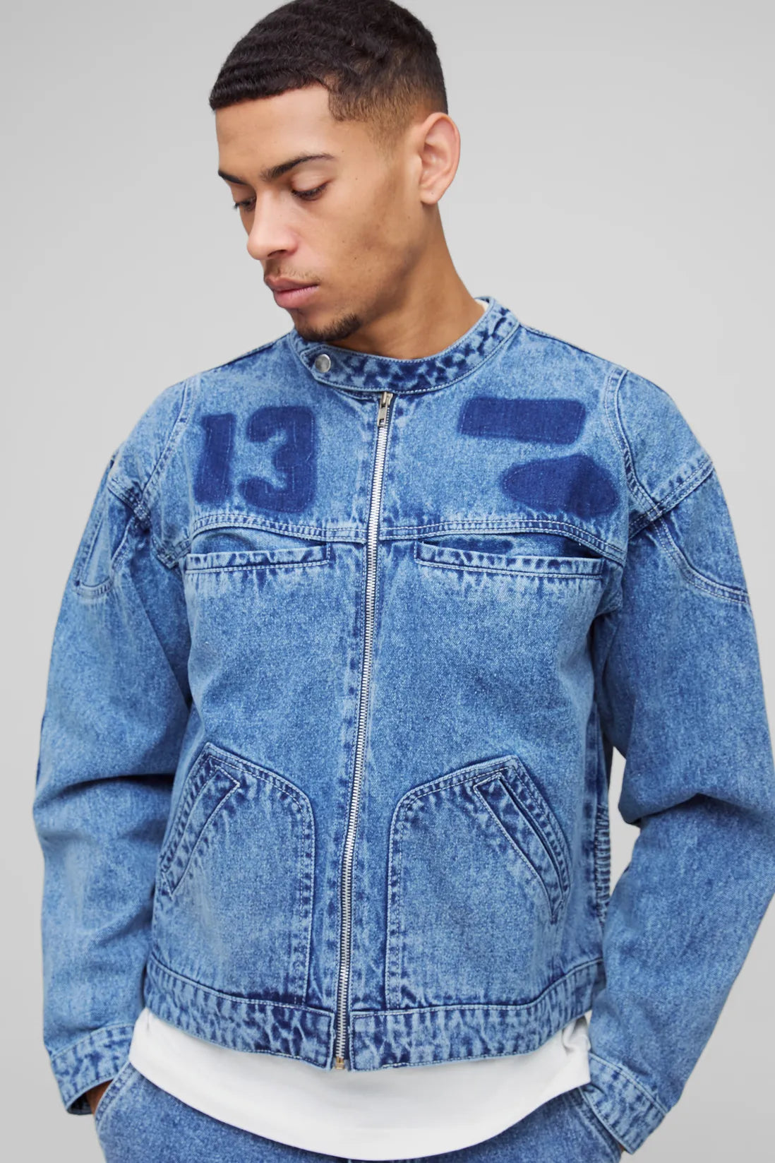 Denim Varsity Boxy Biker Eyelet Detail Jacket