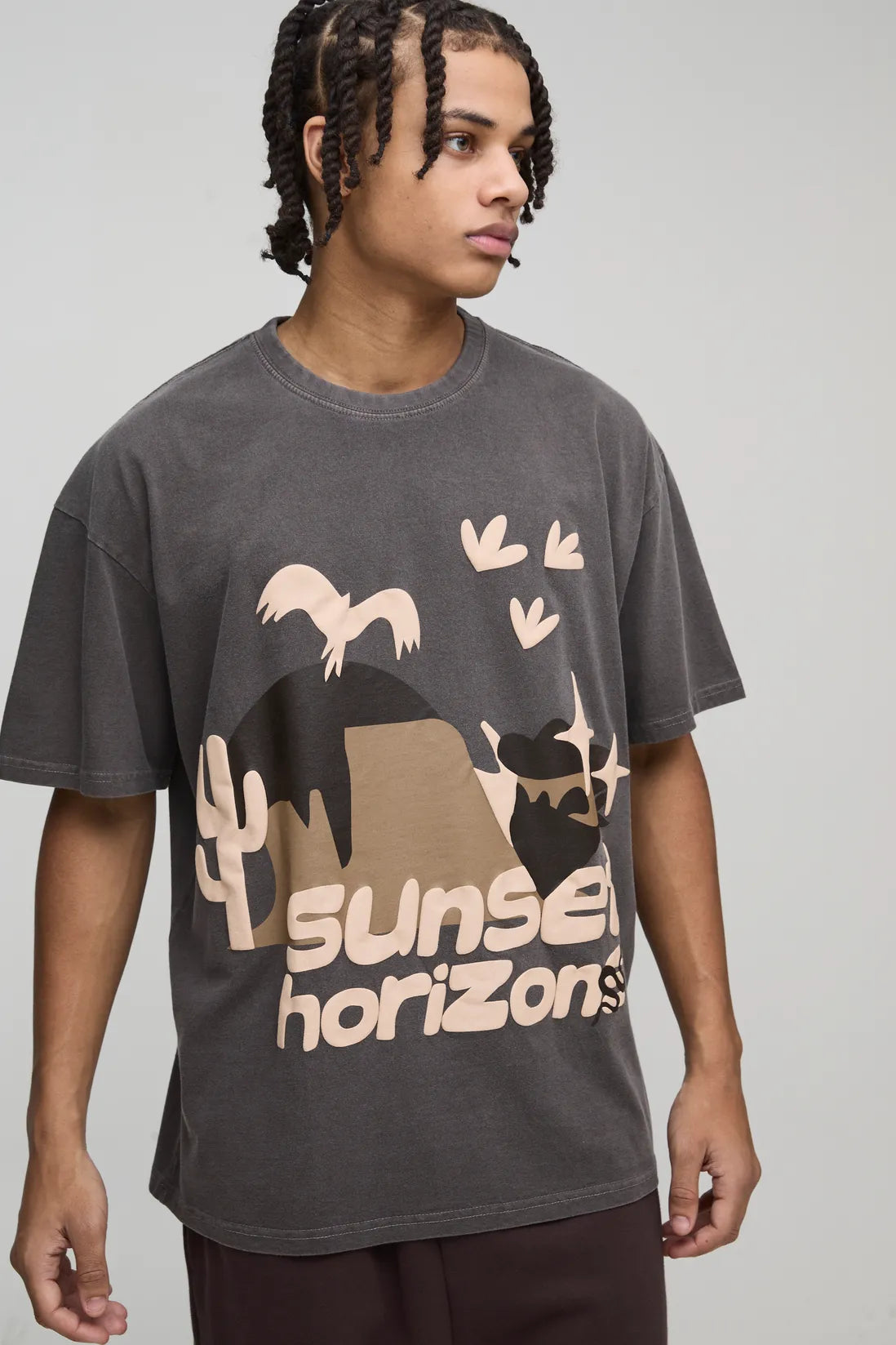 Oversized Sunset Western Puff Print Washed Graphic T-Shirt