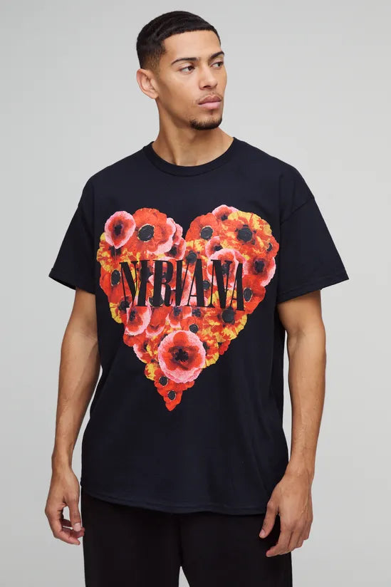 Oversized Nirvana Floral Heart License T-Shirt