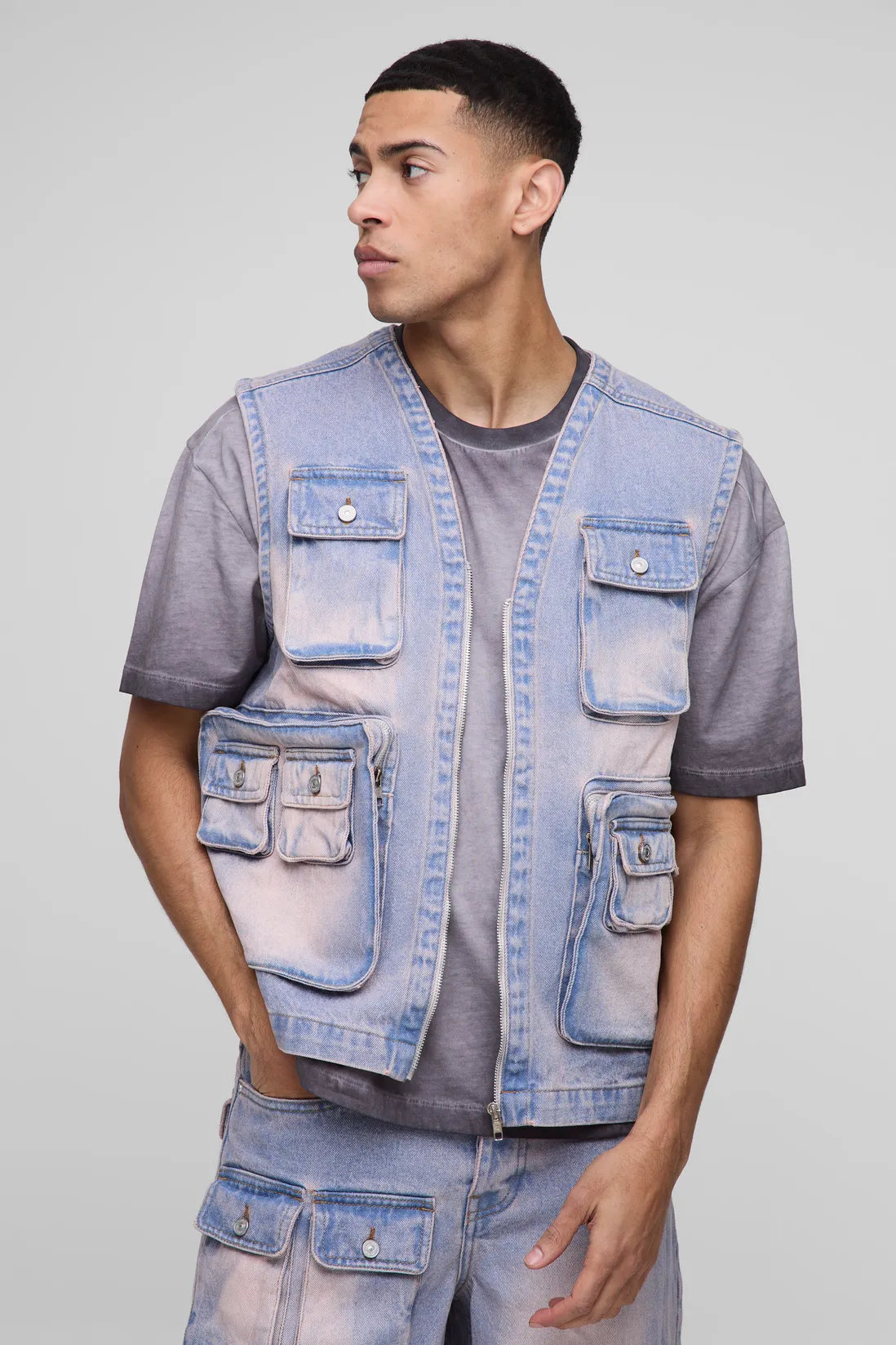 Boxy Utility Pink Washed Denim Vest