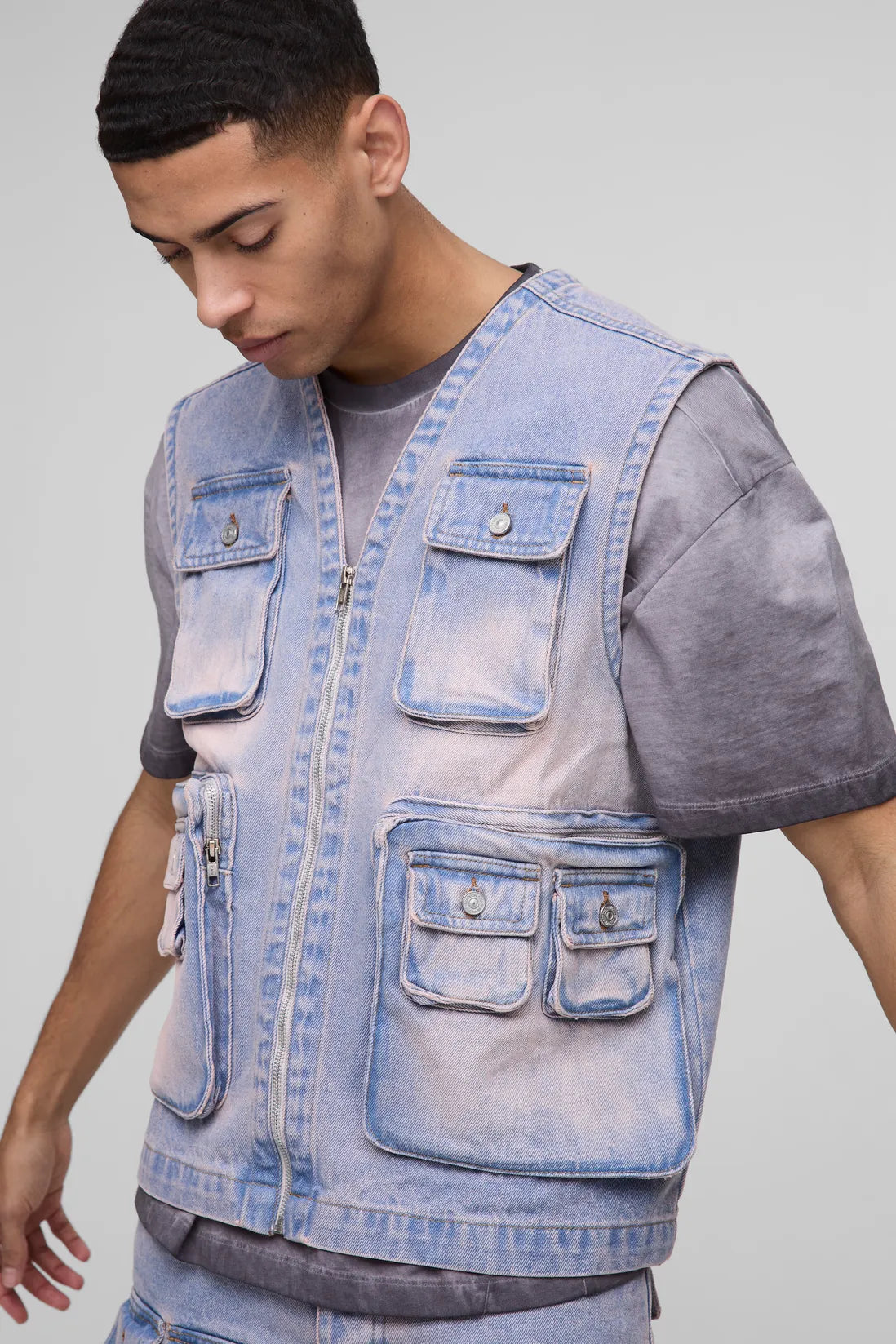 Boxy Utility Pink Washed Denim Vest