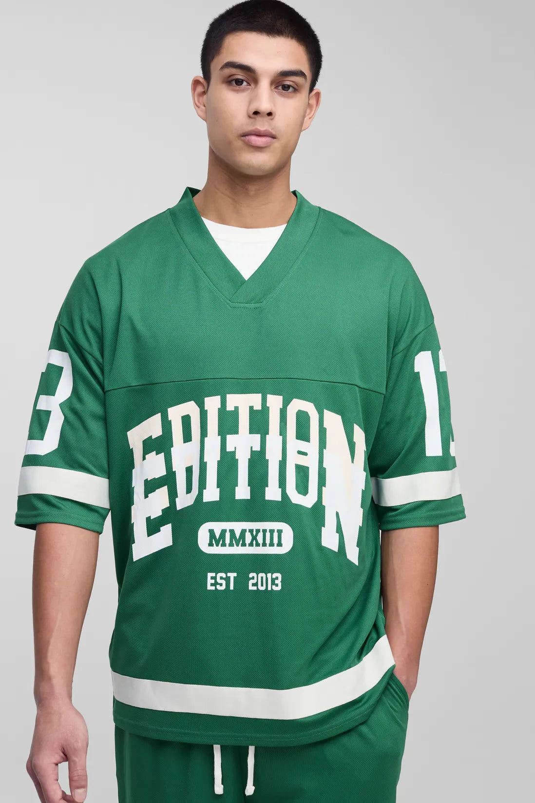 Tall Oversized Varsity V-Neck Mesh T-Shirt