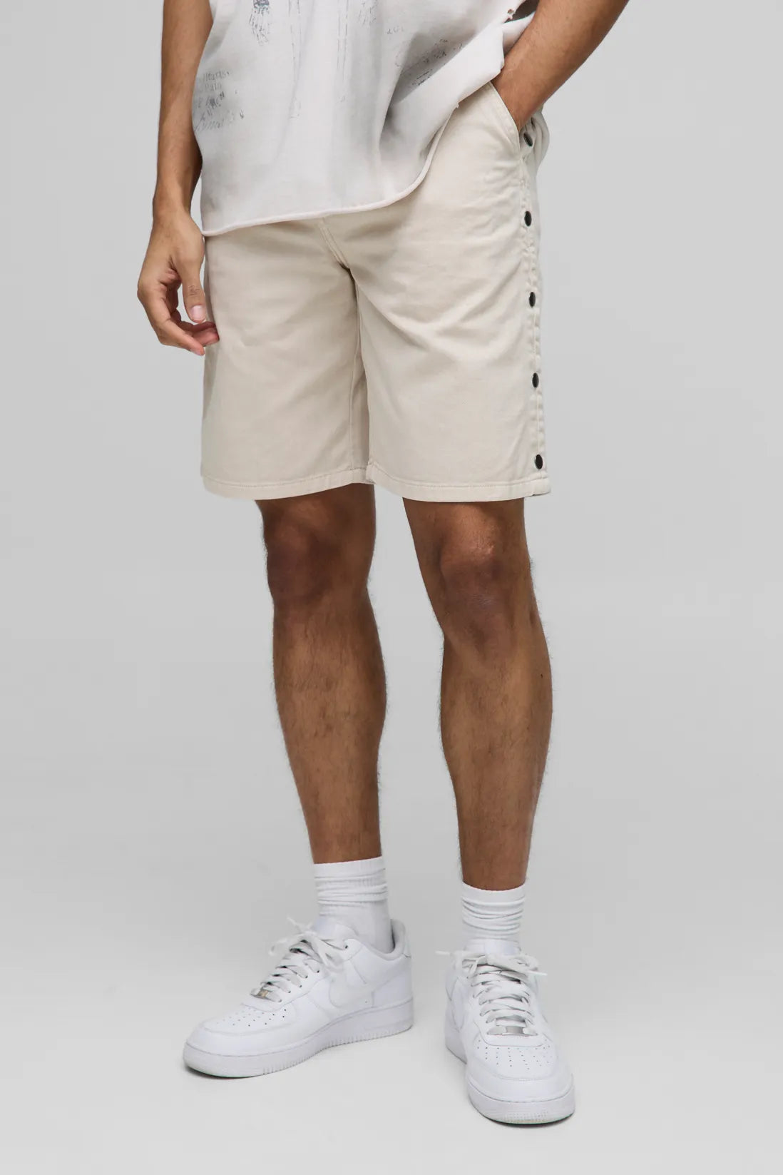 Relaxed Fit Overdyed Twill Popper Hem Shorts