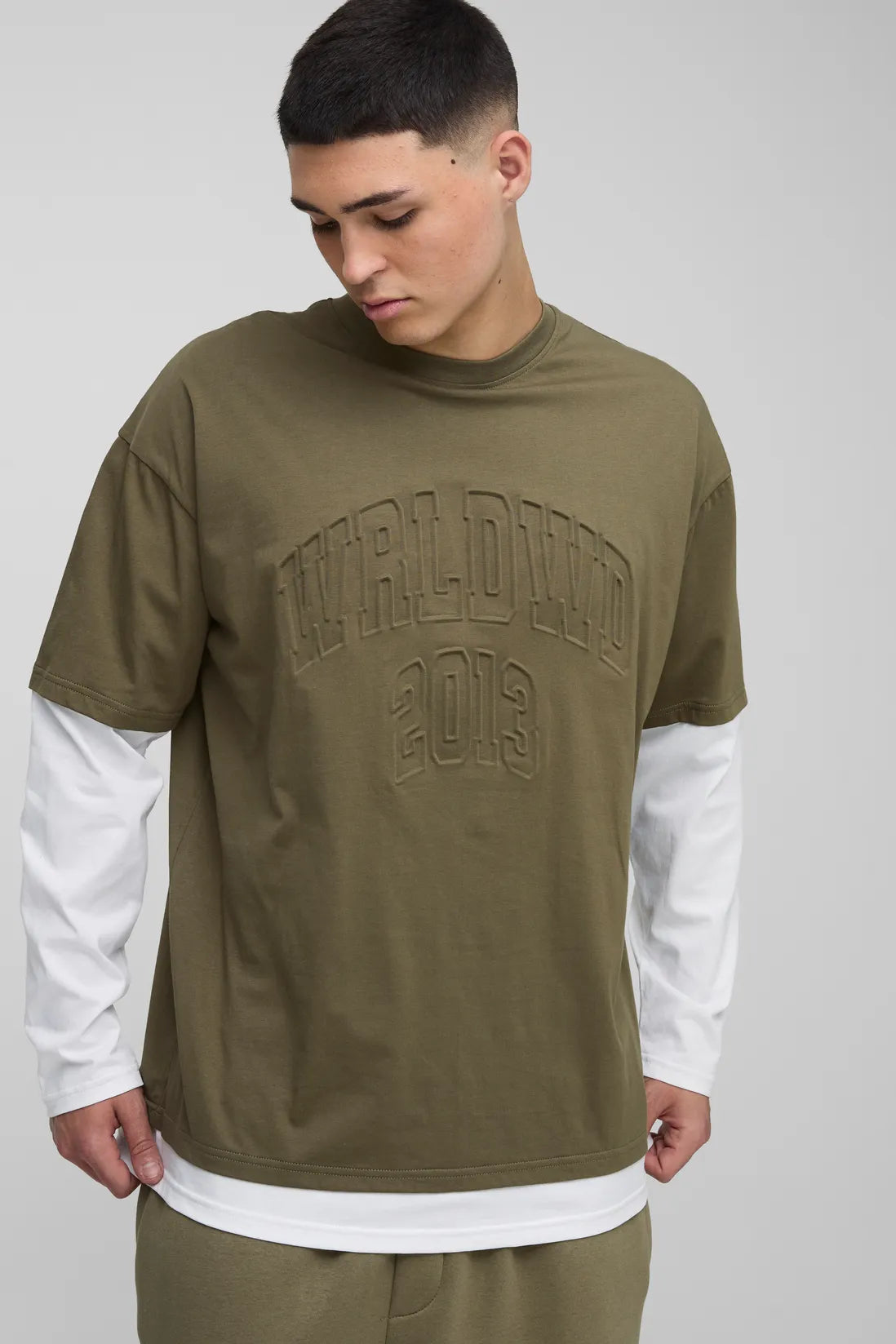 Oversized Faux Layer Varsity Embossed T-Shirt