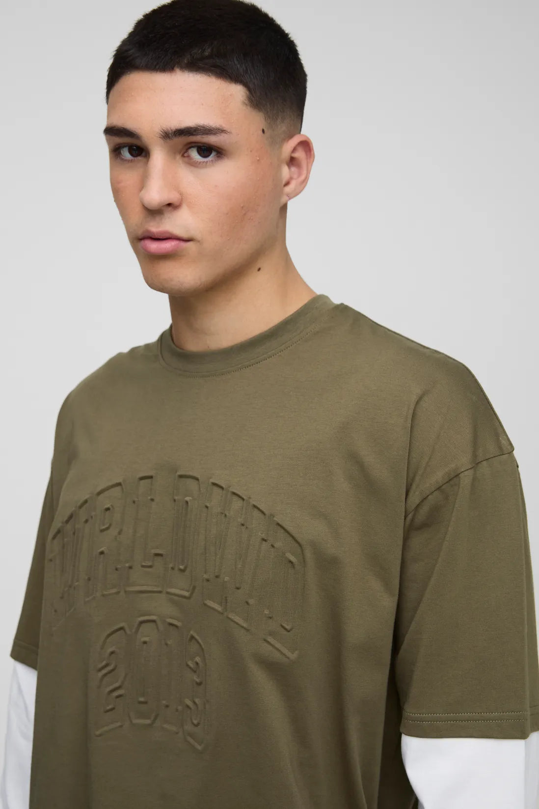 Oversized Faux Layer Varsity Embossed T-Shirt