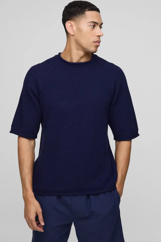 Regular Fit Waffle Raw Trim Knitted T-Shirt