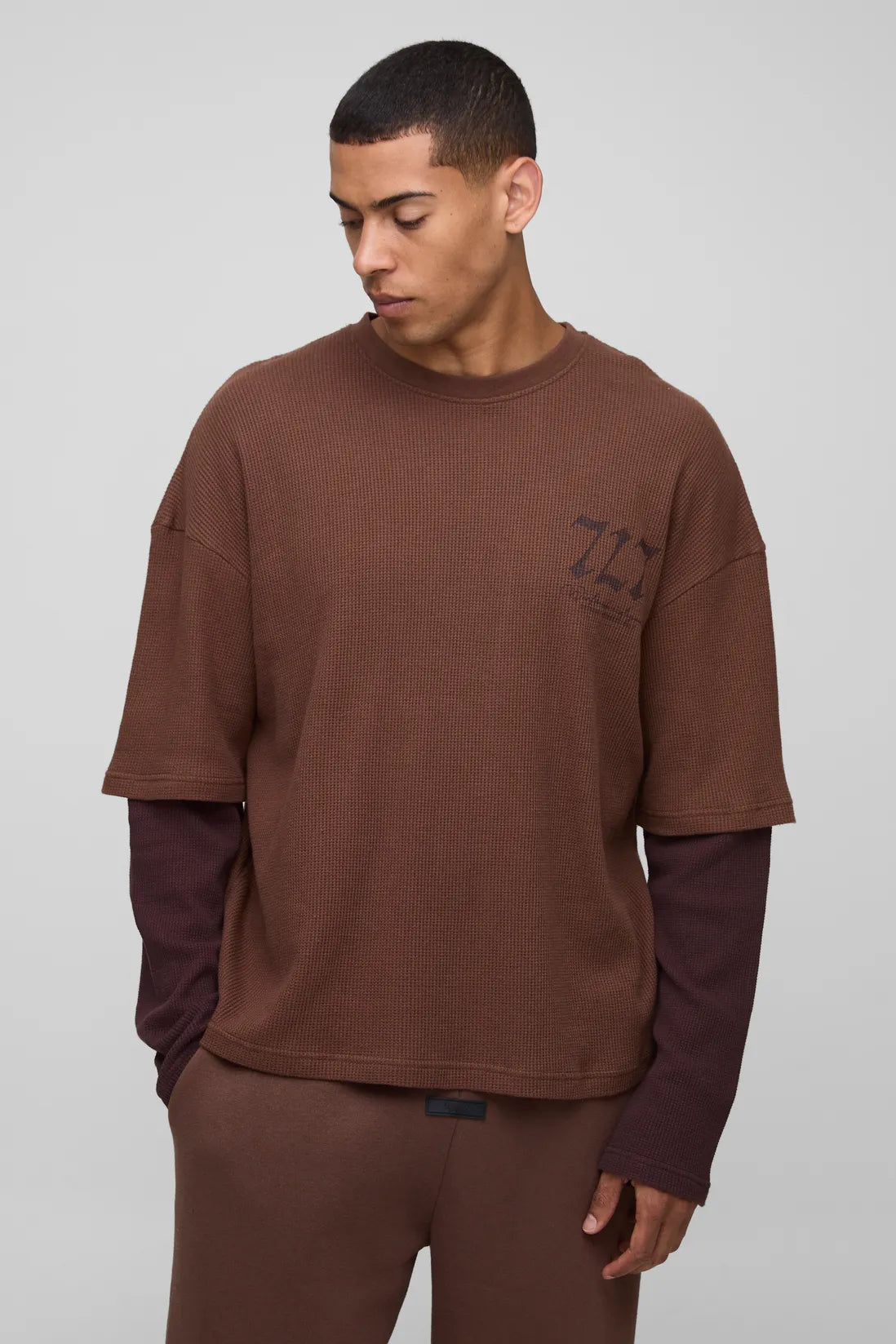 Oversized Boxy Tonal Print Raglan Faux Layer Sleeve Waffle T-Shirt