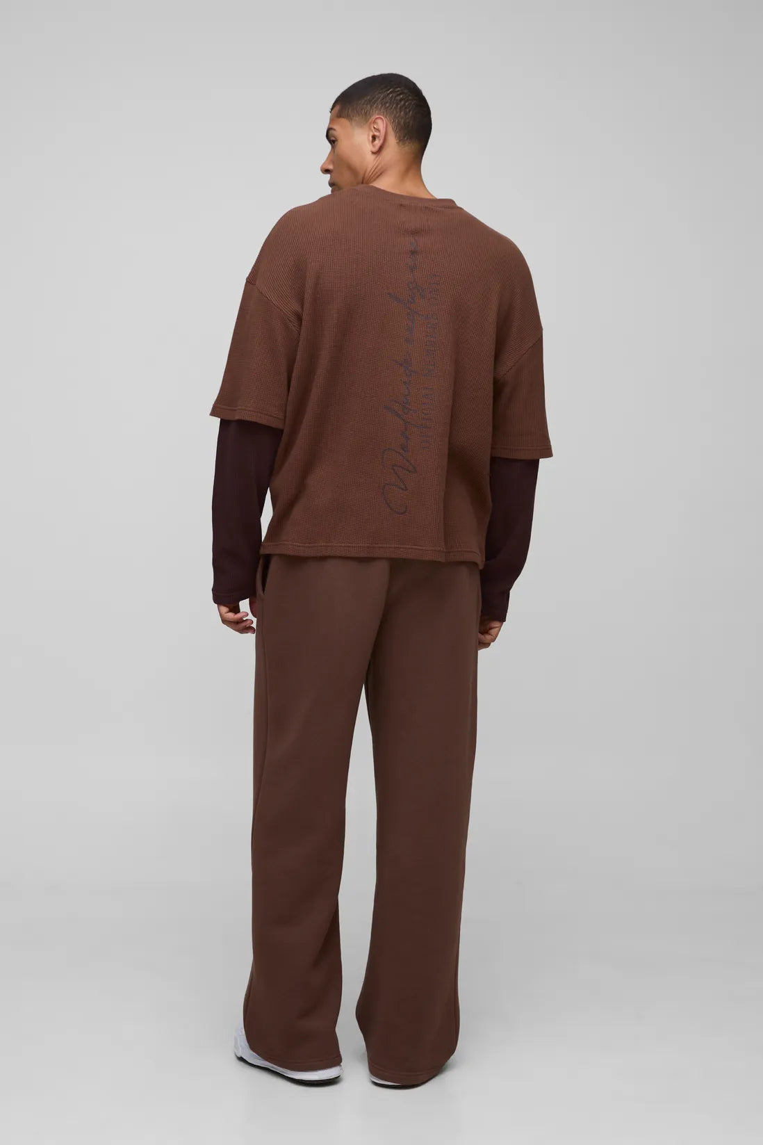 Oversized Boxy Tonal Print Raglan Faux Layer Sleeve Waffle T-Shirt