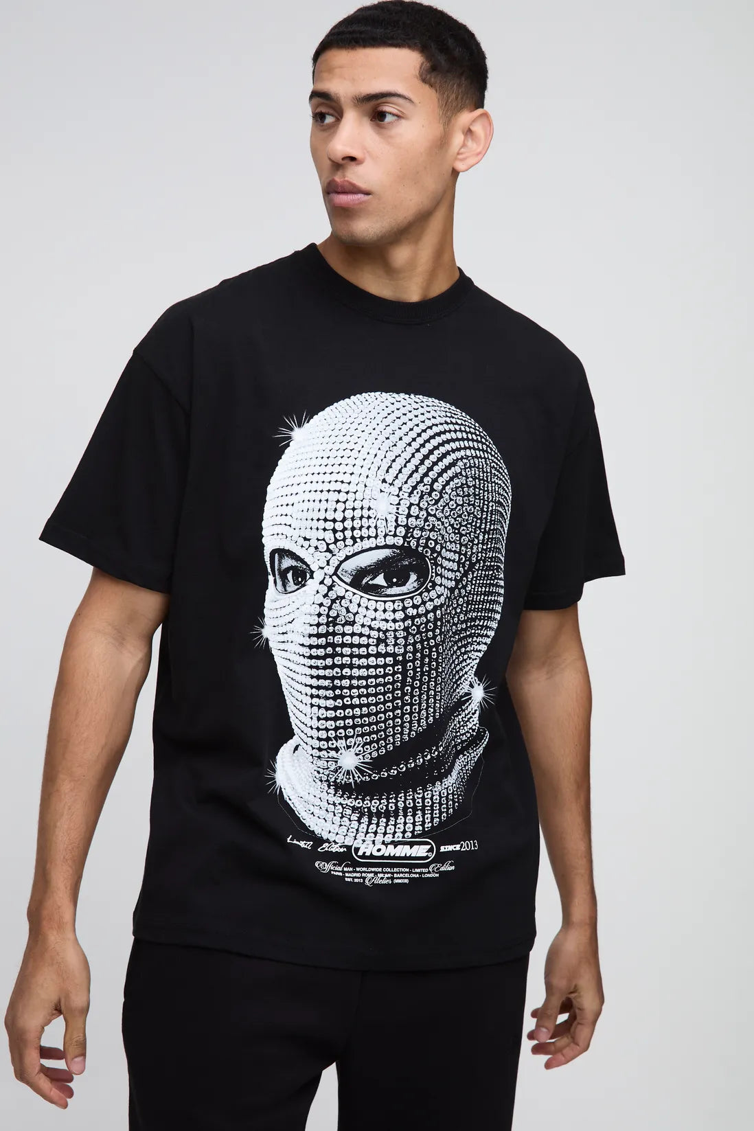 Oversized Rhinestone Mask Print T-Shirt