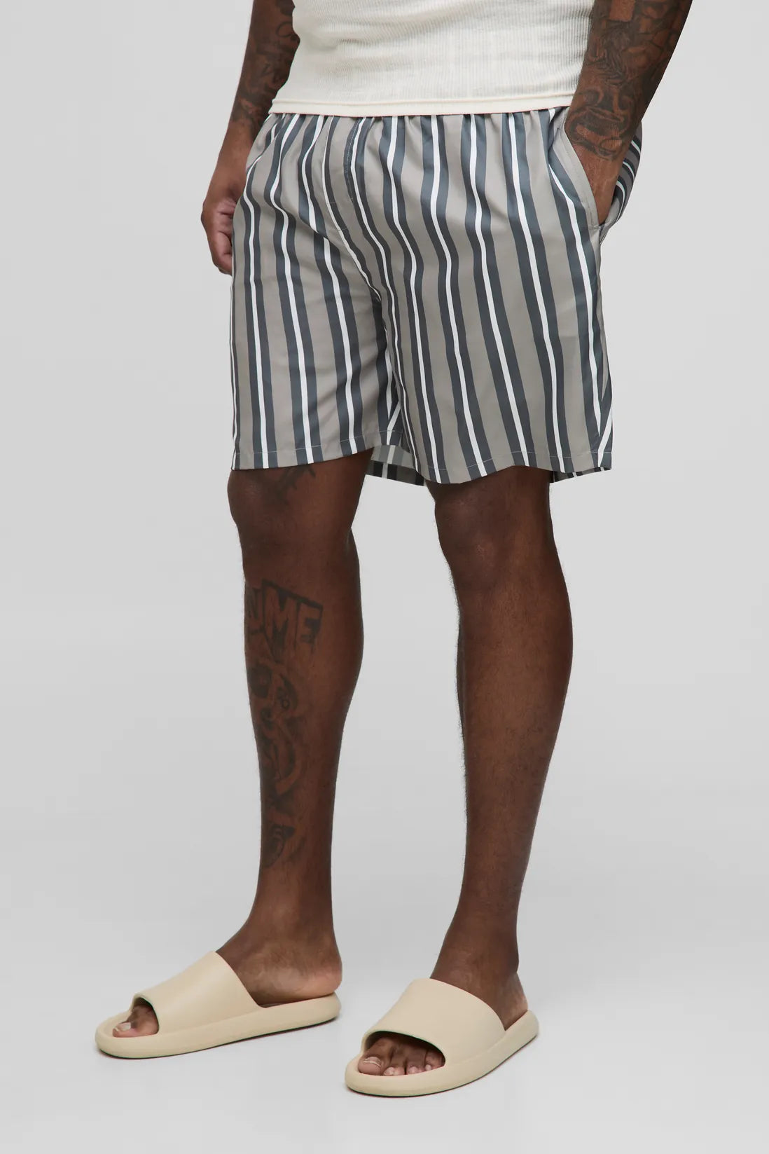 Plus Mid Length Stripe Swim Shorts