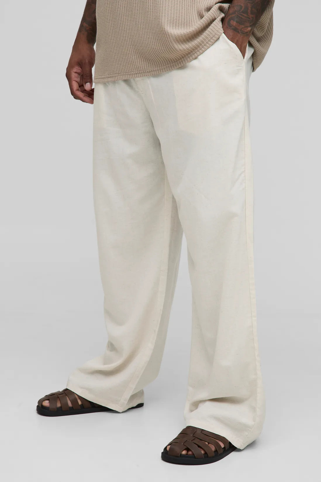 Plus Linen Look Elasticated Waist Relaxed Trousers