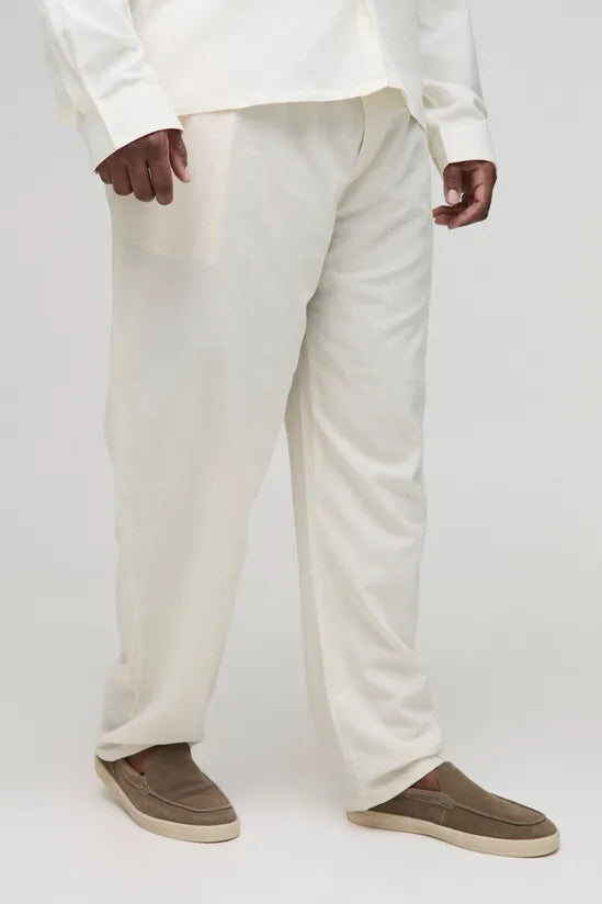 Plus Linen Look Elasticated Waist Straight Leg Trousers