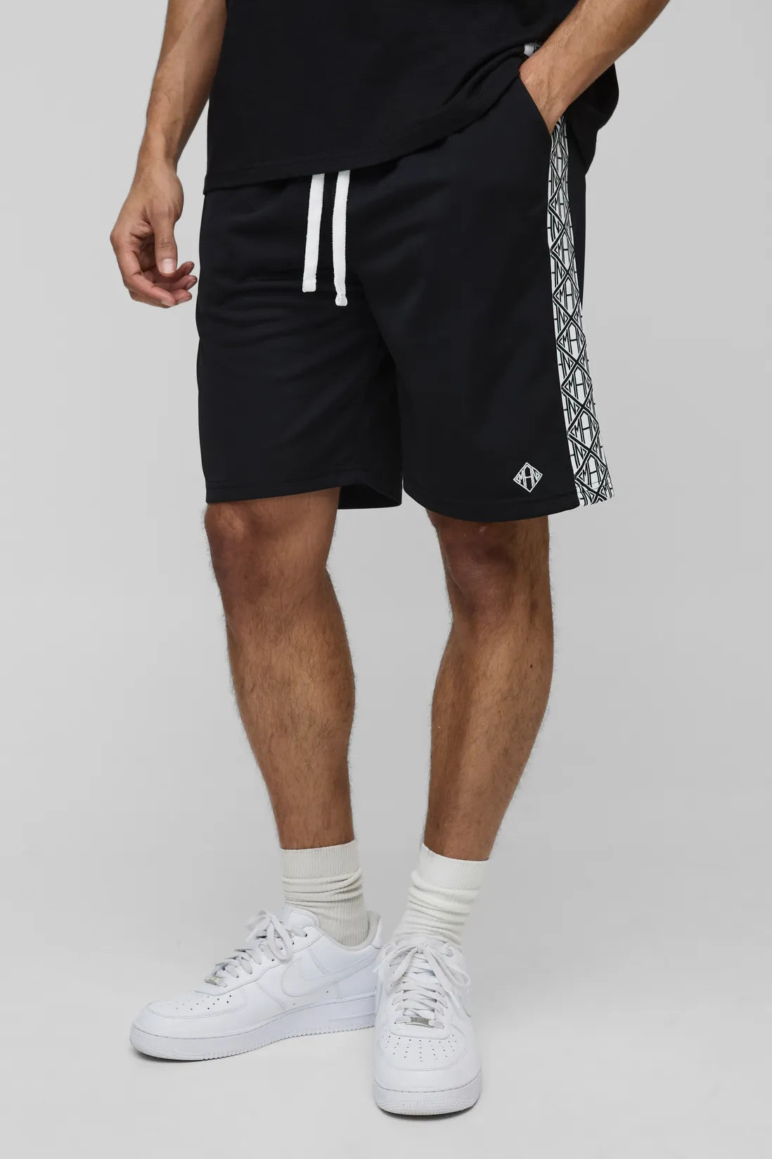 Relaxed Mid Length Branded Tape Detail Shorts