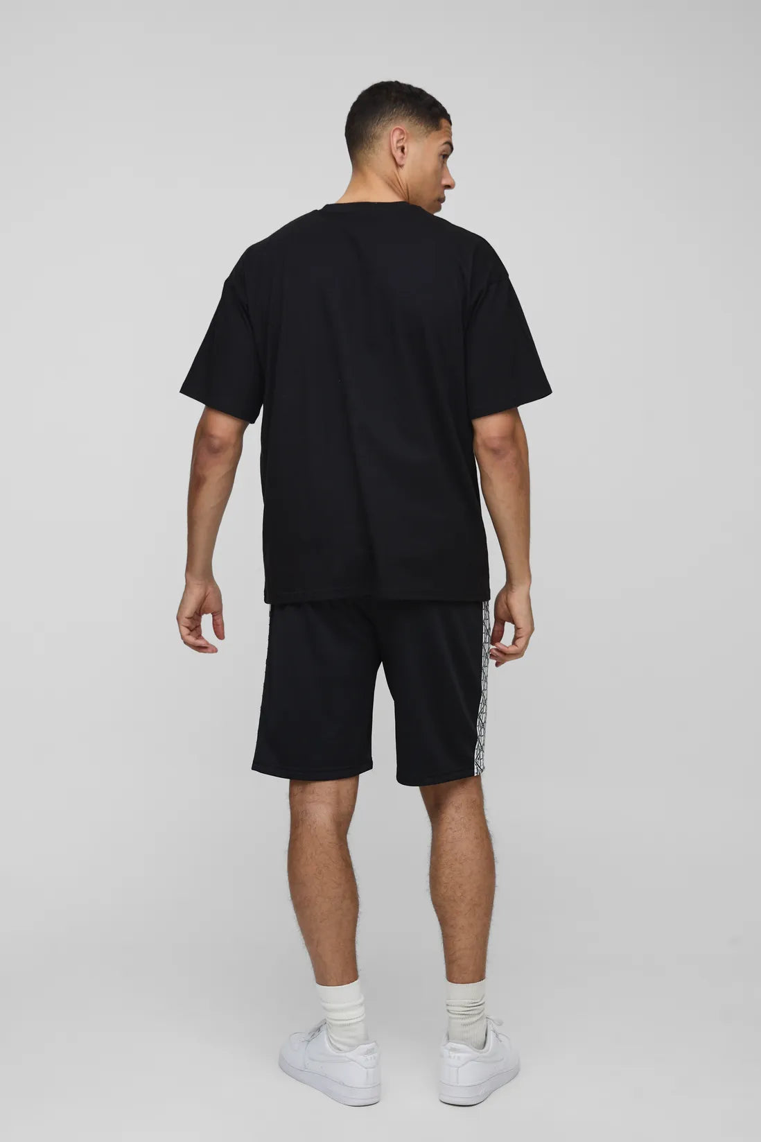 Relaxed Mid Length Branded Tape Detail Shorts