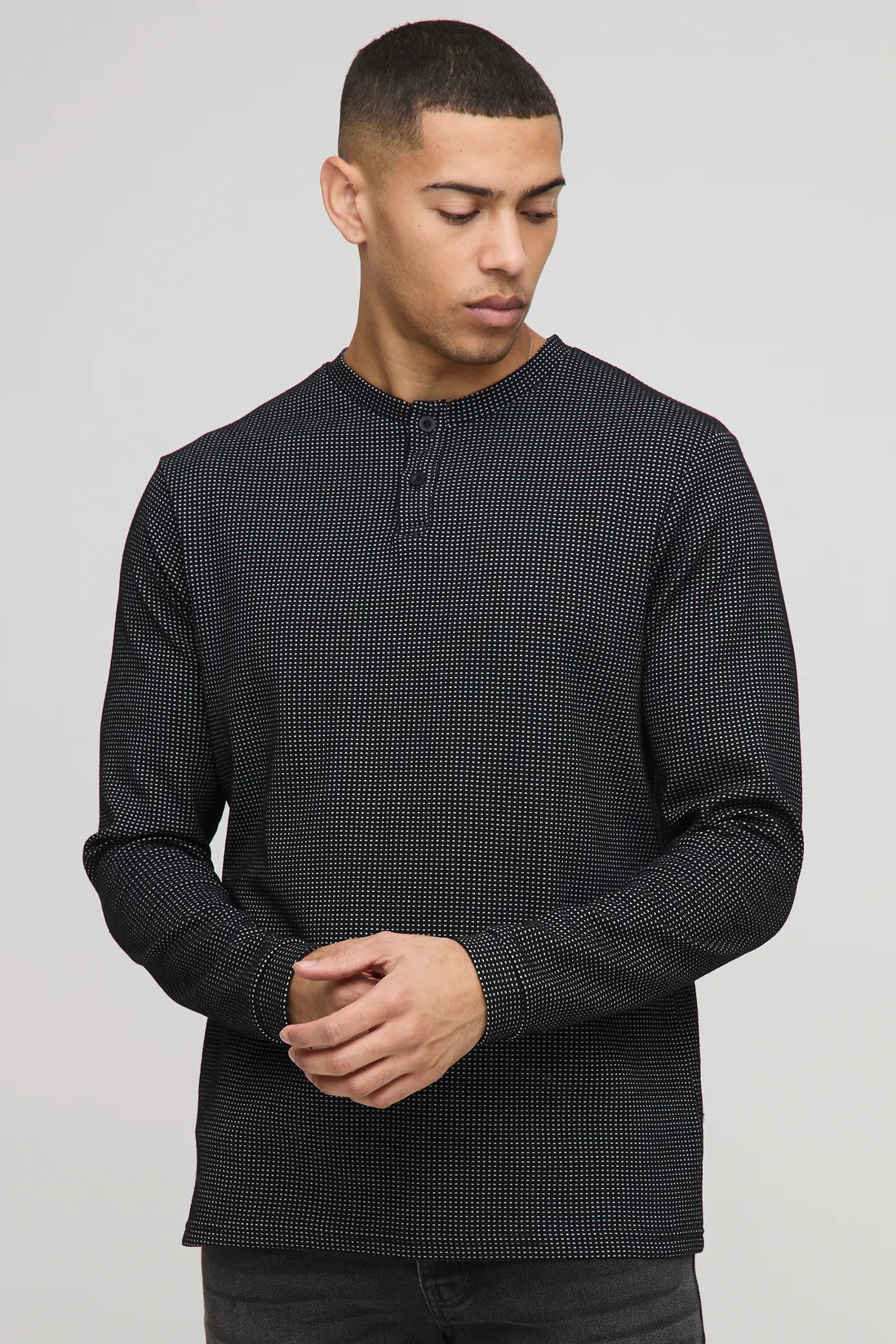 Regular Fit Long Sleeve Contrast Waffle Button Neck T-Shirt