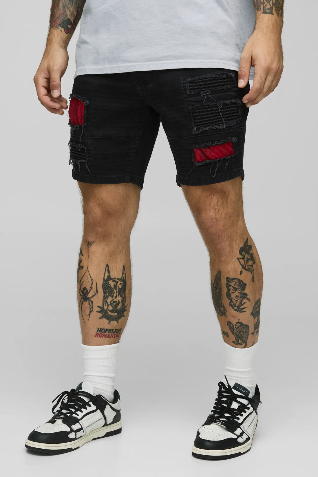 Skinny Fit Biker Bandana Rip & Repair Denim Shorts