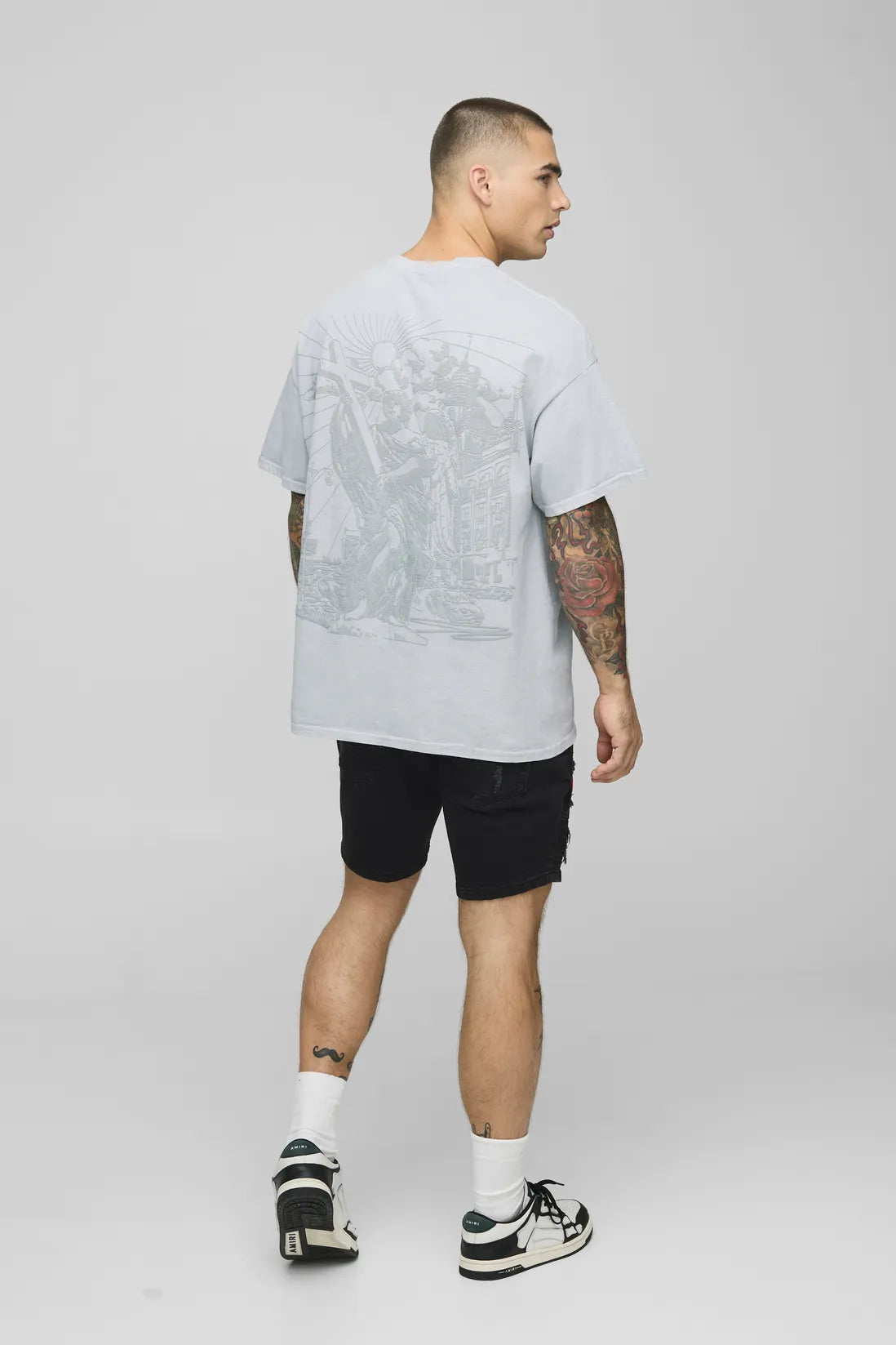 Skinny Fit Biker Bandana Rip & Repair Denim Shorts