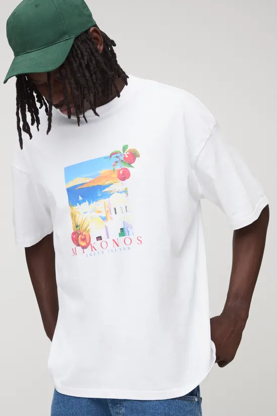 Oversized Mykonos Landscape Graphic T-Shirt