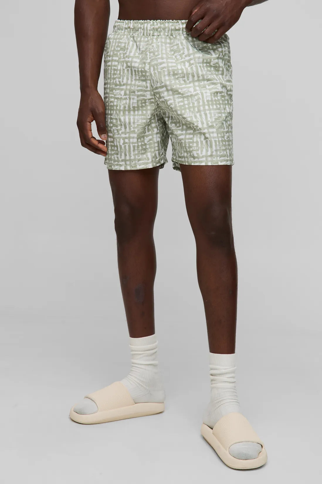 Check Stripe Printed Mid Length Swim Short