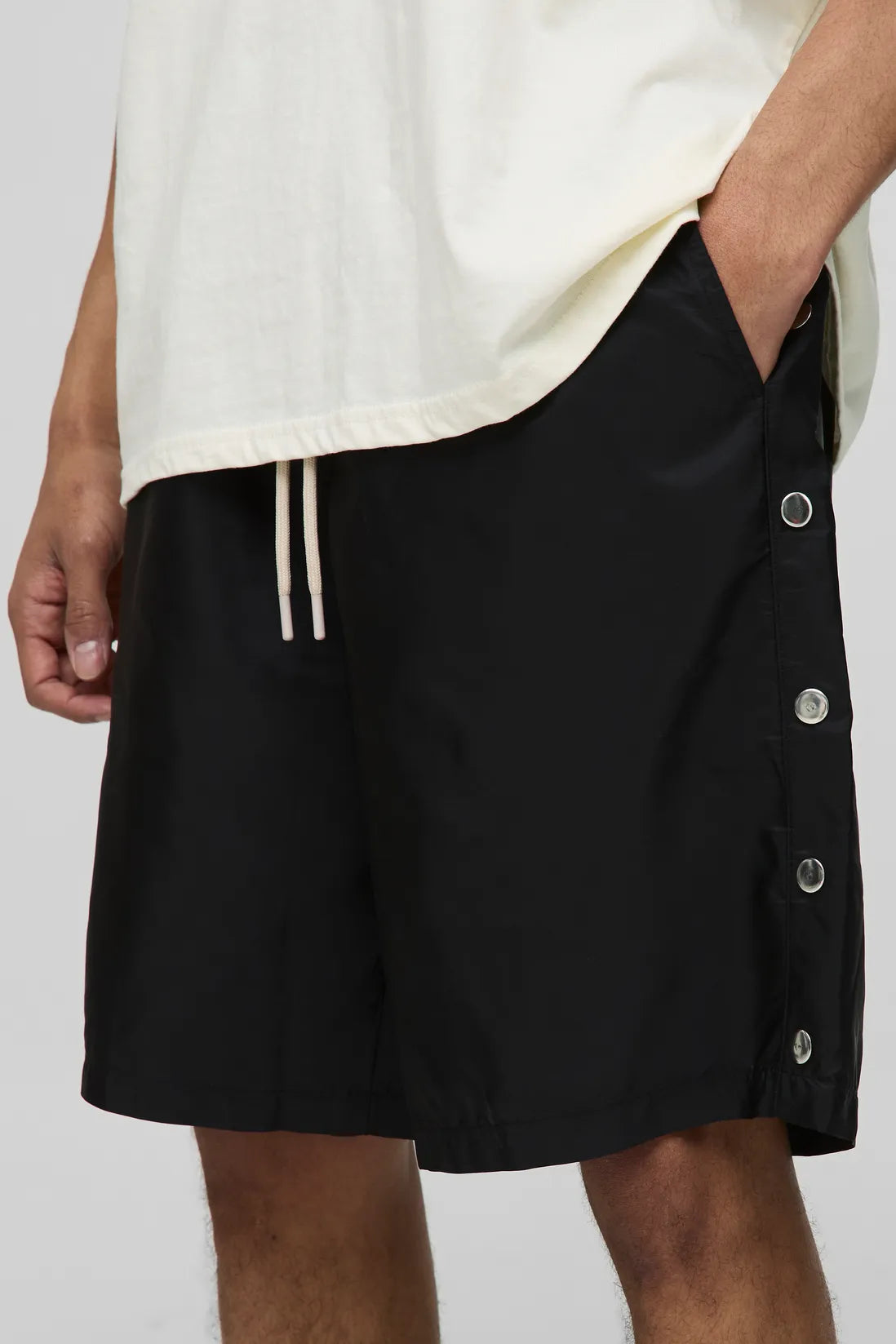 Elasticated Waist Relaxed Fit Nylon Popper Detail Shorts