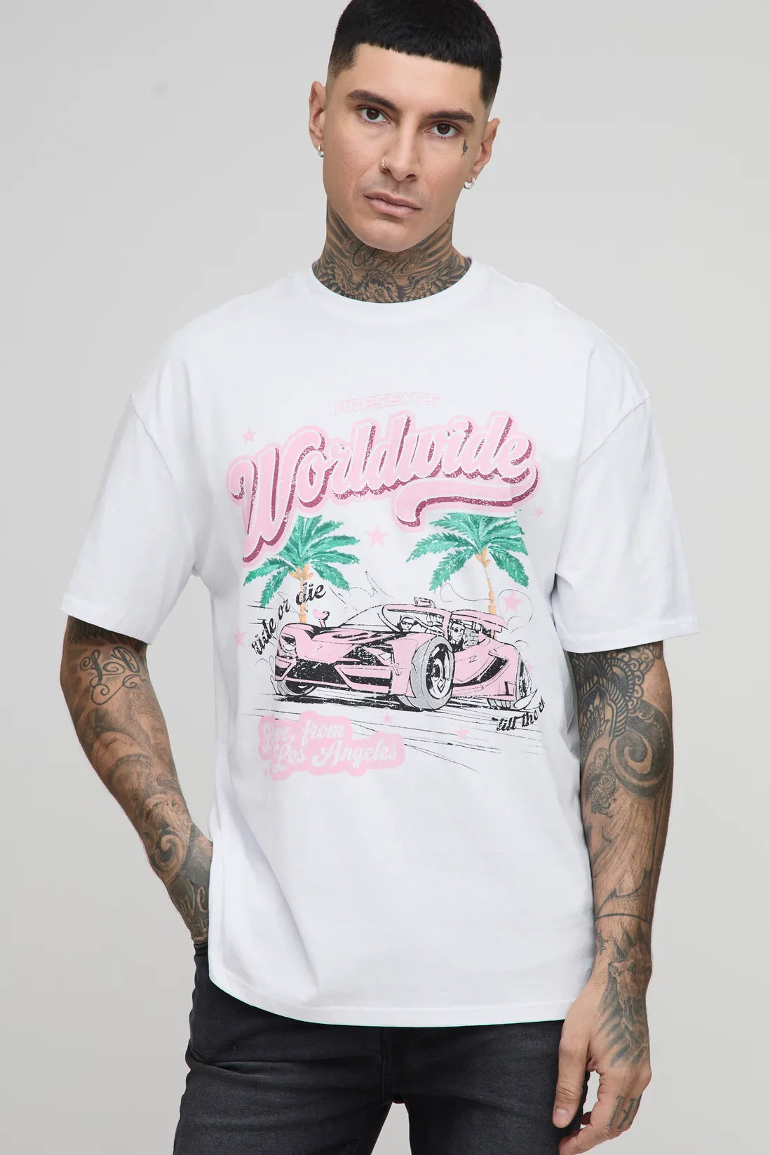 Tall Oversized Worldwide Palm Print Moto T-Shirt