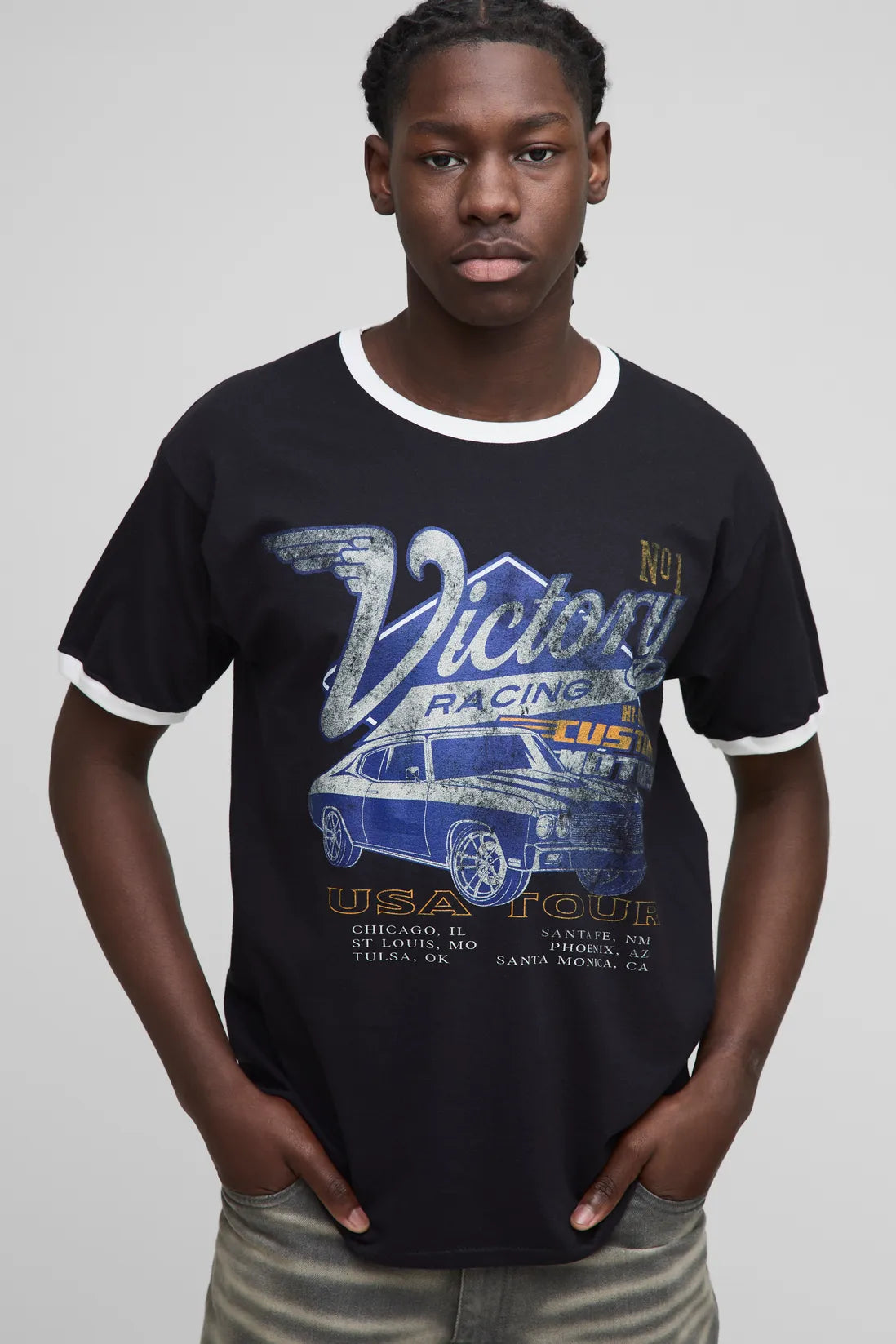 Regular Fit Vintage Car Graphic Ringer T-Shirt