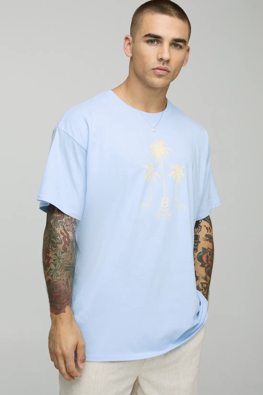 Oversized Triple Palm Print Graphic T-Shirt