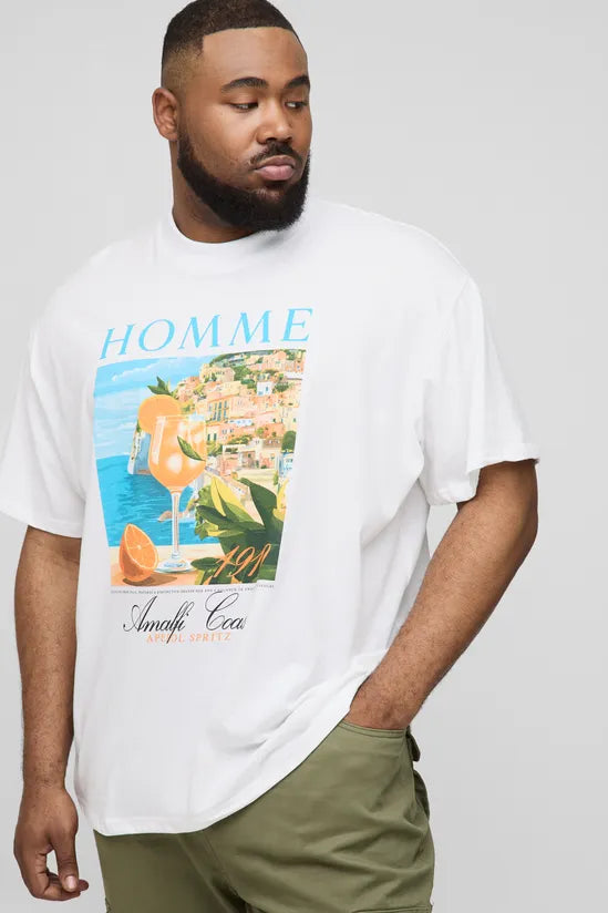 Plus Oversized Extended Neck Homme Amalfi Coast Landscape T-Shirt