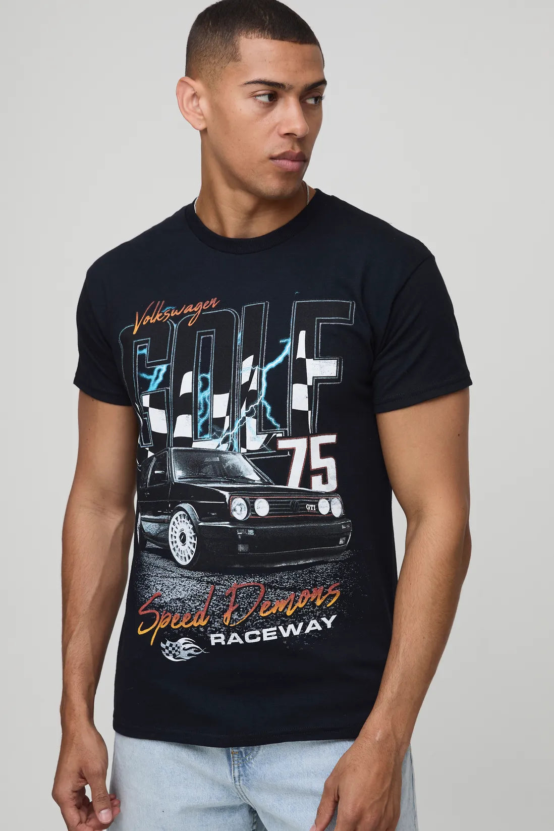 Black Regular Fit Volkswagen Golf License Printed T-Shirt