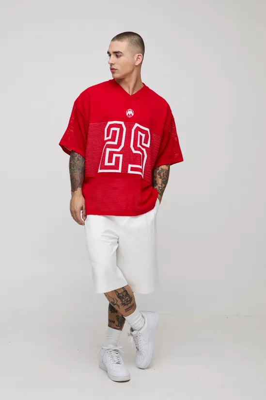 Oversized Fit Varsity V Neck Knitted T-Shirt