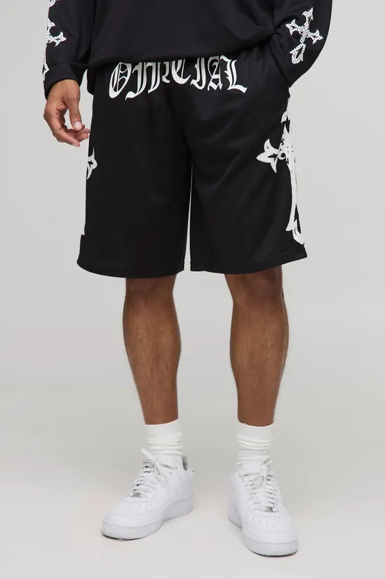 Oversized Official Gothic Cross Mesh Shorts