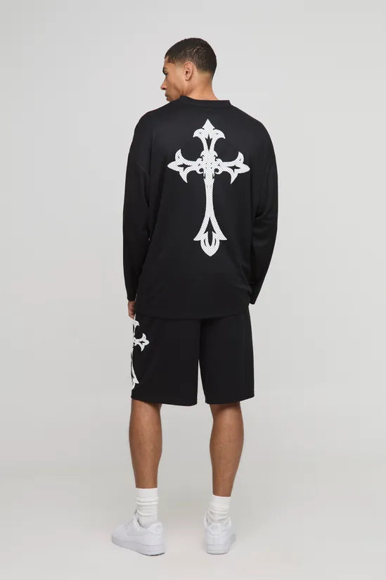 Oversized Official Gothic Cross Mesh Shorts