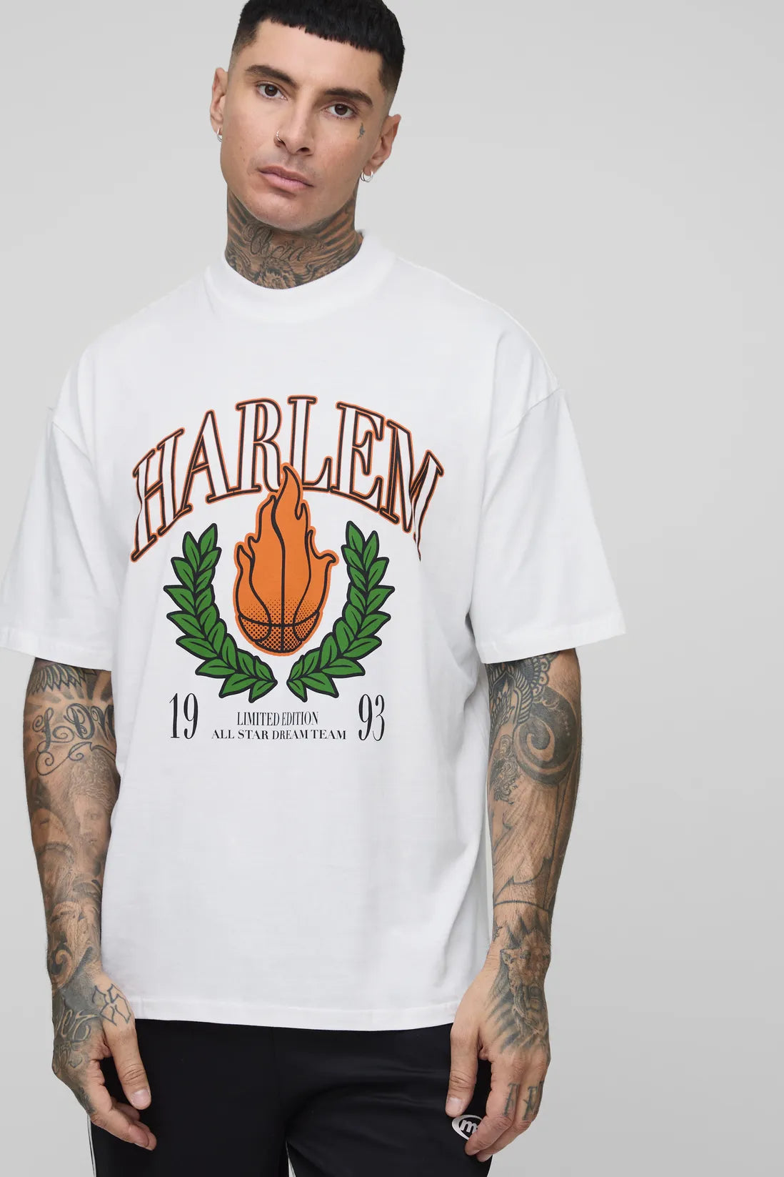 Tall Oversized Extended Neck Harlem Varsity Print T-Shirt