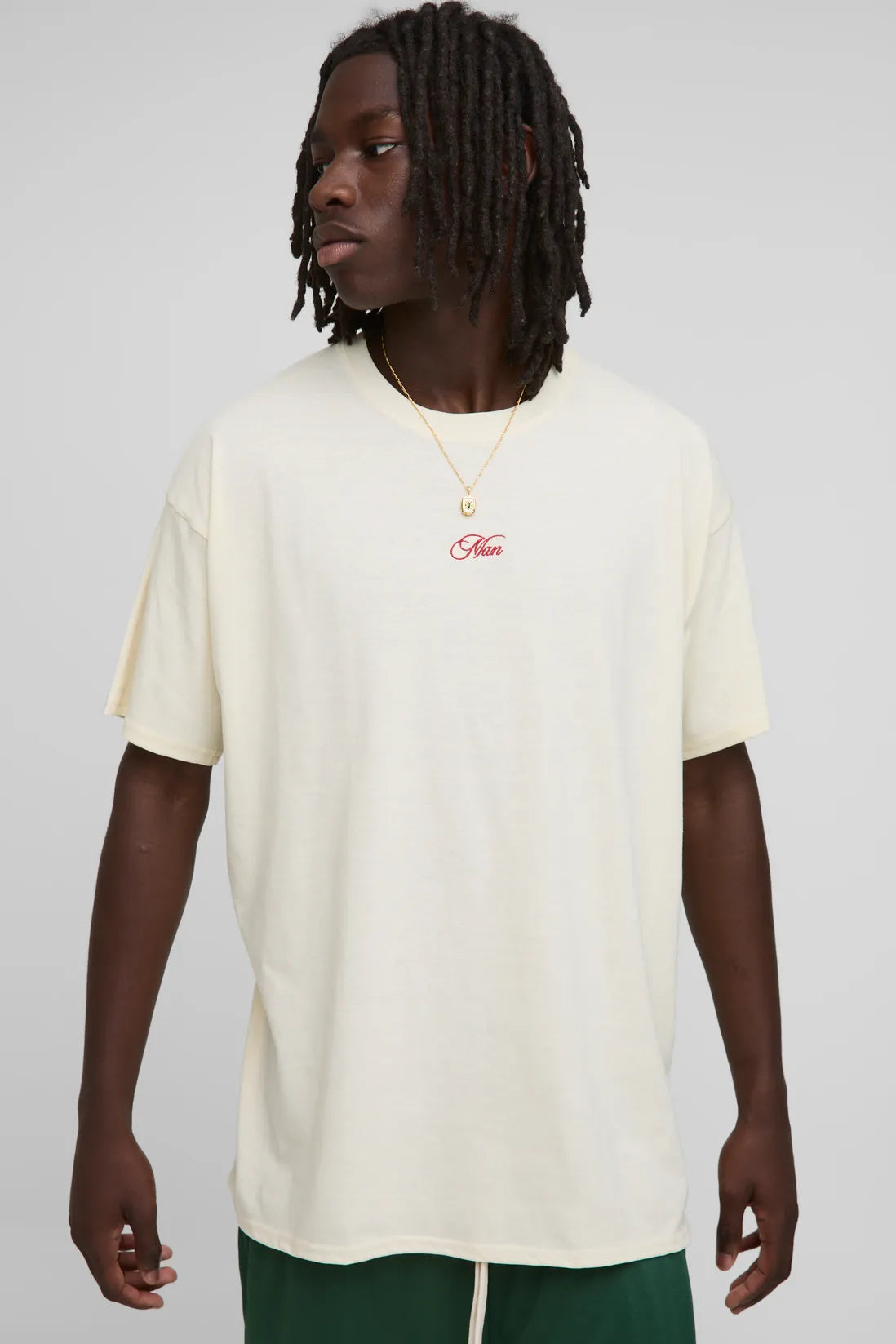 Ecru Oversized Embroidered MAN T-Shirt
