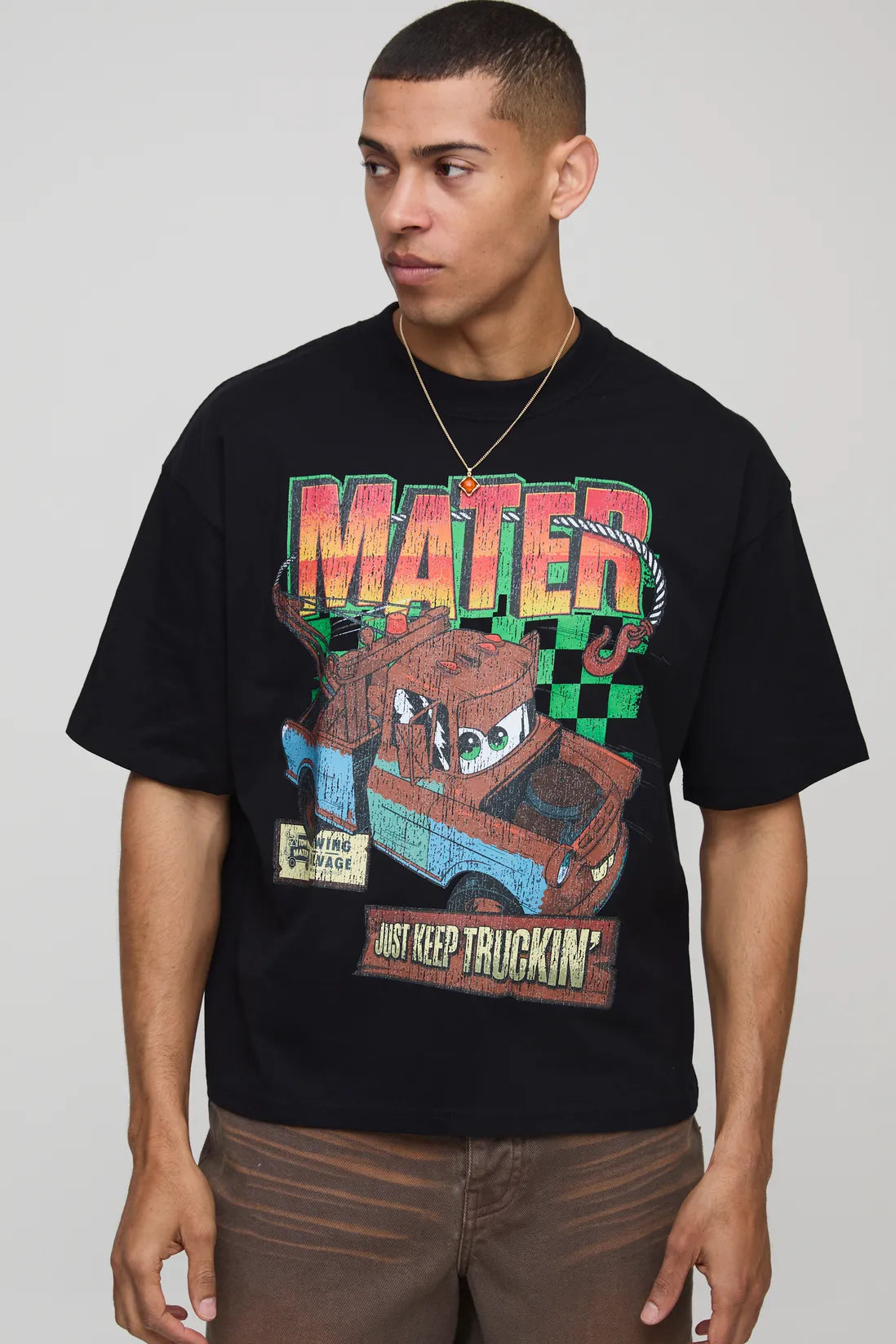 Black Oversized Boxy Extended Neck Disney Cars License T-Shirt