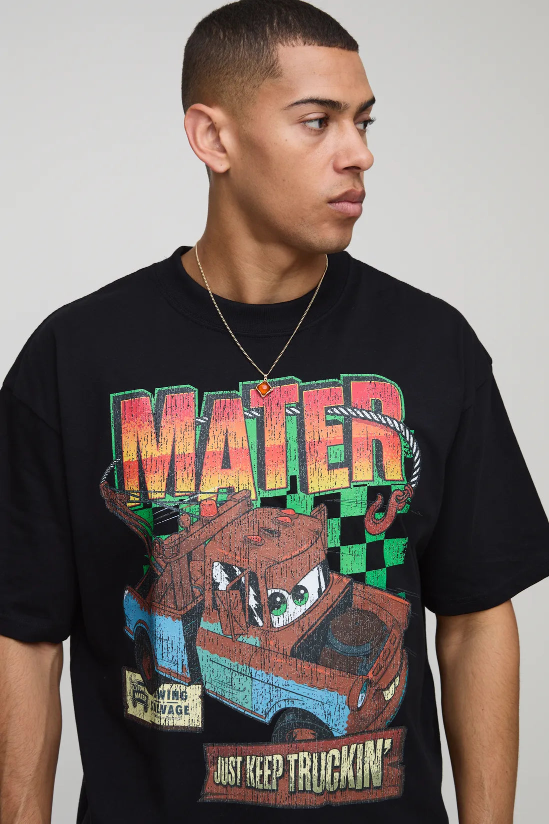 Black Oversized Boxy Extended Neck Disney Cars License T-Shirt
