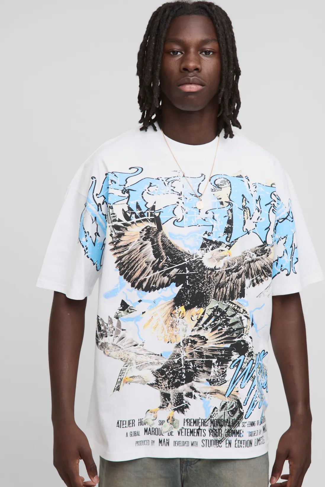 White Oversized Extended Neck Ofcl MAN Eagle Over The Seam Printed T-Shirt