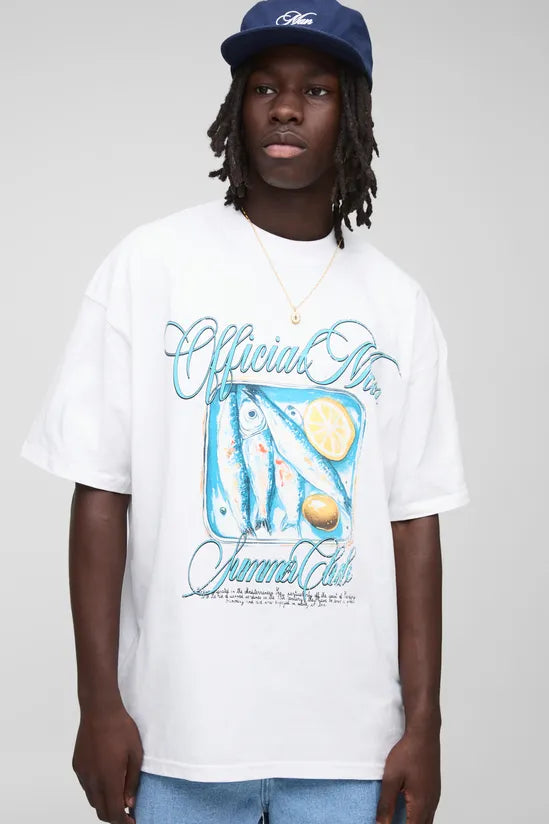 White Oversized Extended Neck Official Man Sardine Printed T-Shirt