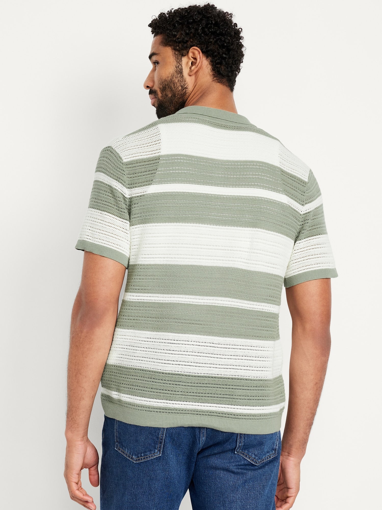 Button-Front Open-Stitch Sweater