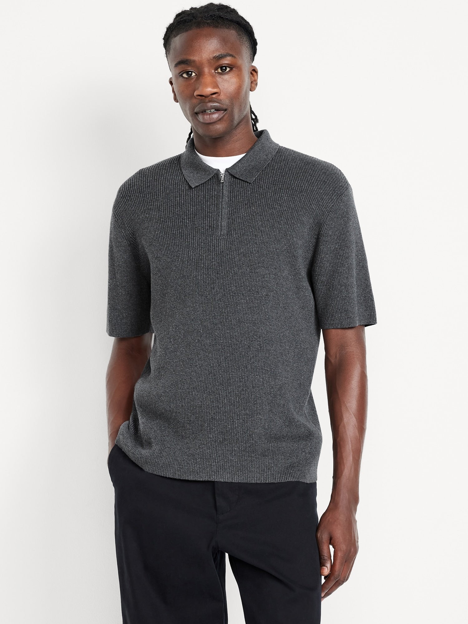 Short-Sleeve Sweater-Knit Polo charcoal