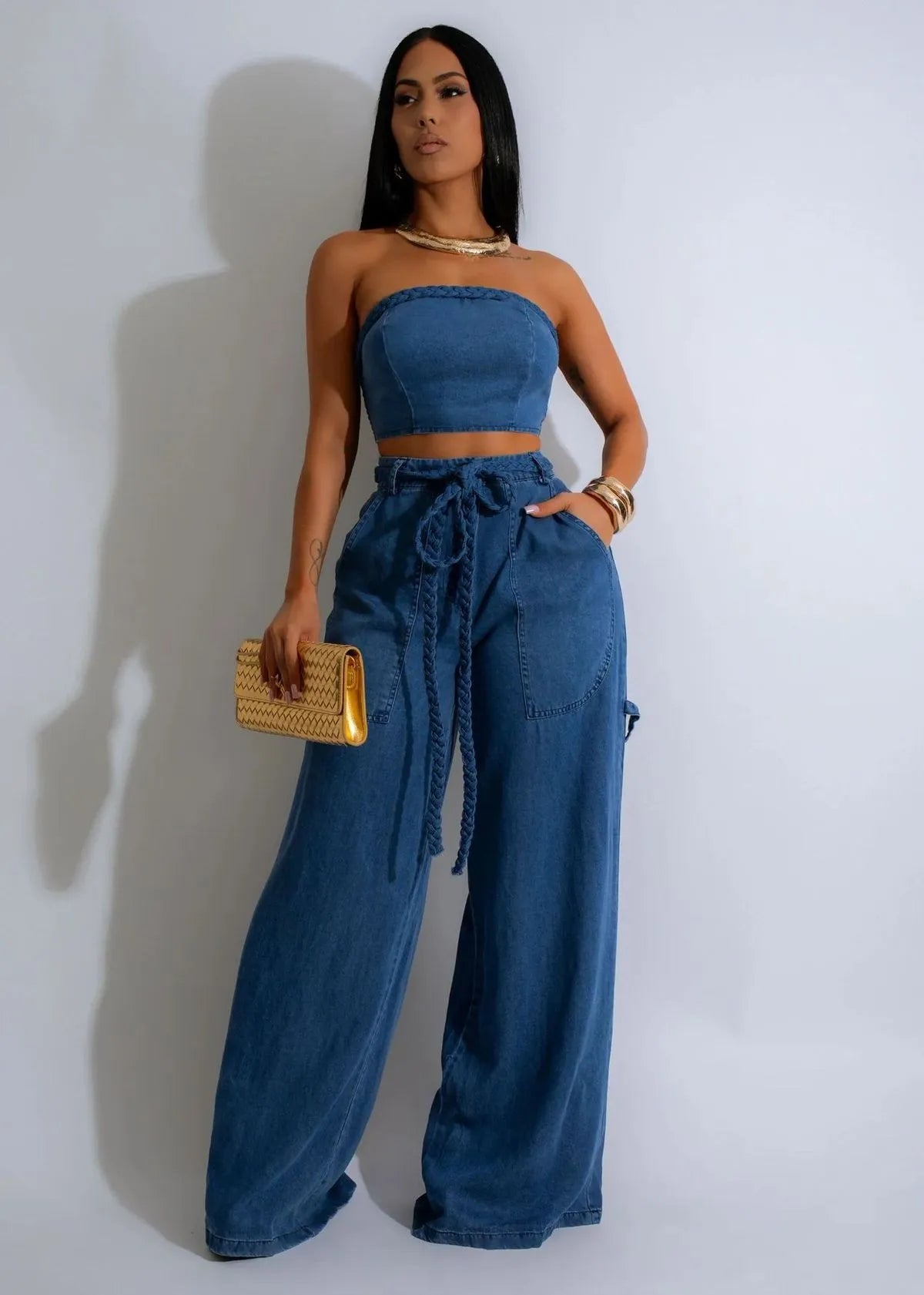 Women Fashion Casual Denim Tube Top Wide Leg Lace-Up Jeans Two-Piece Set